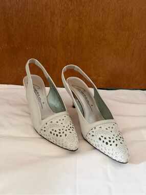 Caressa Slingback Pointed Toe Heels with Laser-Cut Detail in White